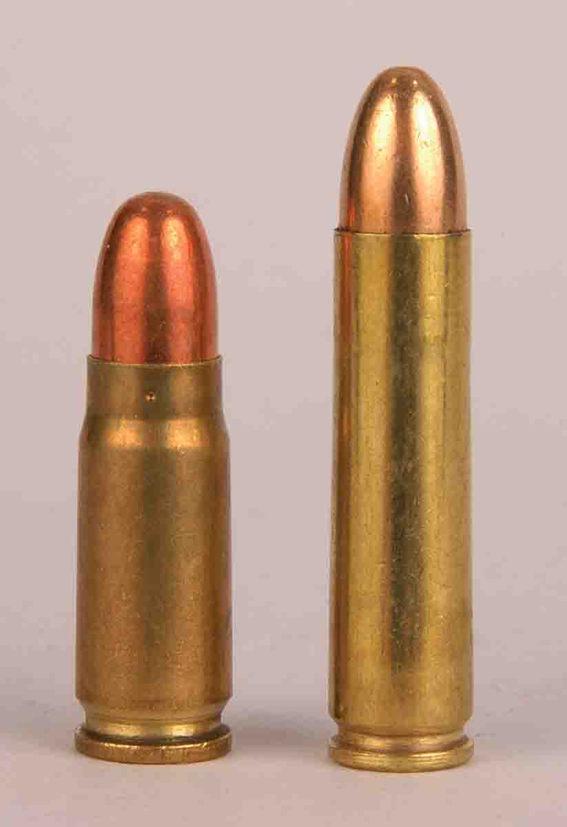 The 7.62x25mm (left) compared to a .30 Carbine (right).